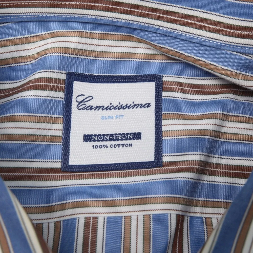 Camicissima Shirt Mens 16 34 Blue Brown Striped Slim Fit Non Iron Pocket
